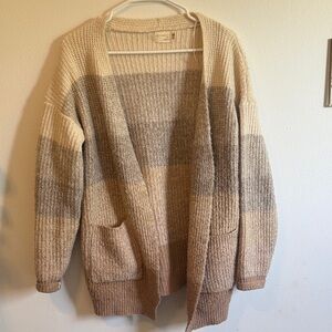 Open-Front Striped Waffle-Knit Cardigan in Cream and Taupe